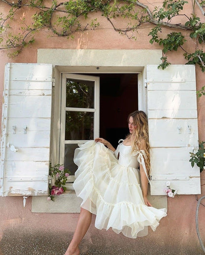 Sweet Ivory A-line Square Neckline Bow Strap Ruffled Chiffon Tea-length Prom Dress cc4729