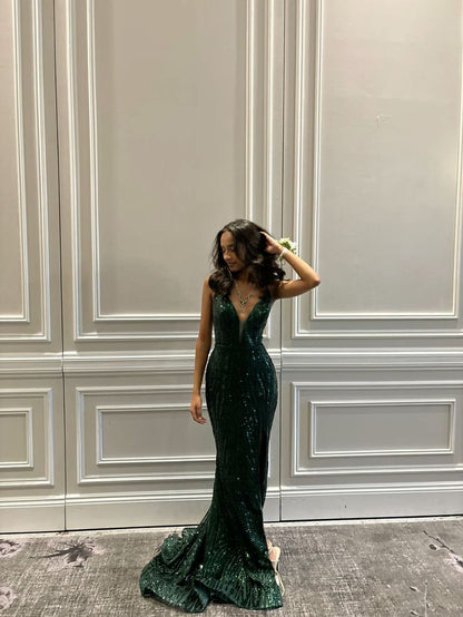 Luxurious Dark Green Mermaid Deep V Halter High Slit Sequined Train Prom Dress Evening Dress cc4991