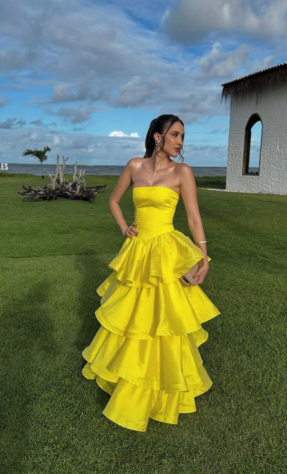 Elegant Yellow A-line Strapless Multi-layered Ruffled Satin Long Prom Dress Evening Dress cc4992