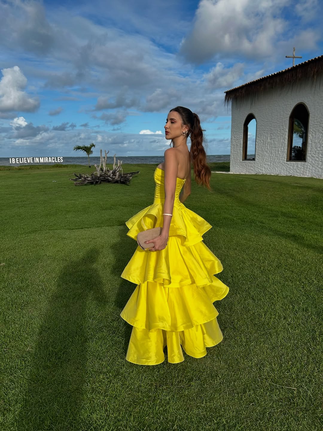 Elegant Yellow A-line Strapless Multi-layered Ruffled Satin Long Prom Dress Evening Dress cc4992
