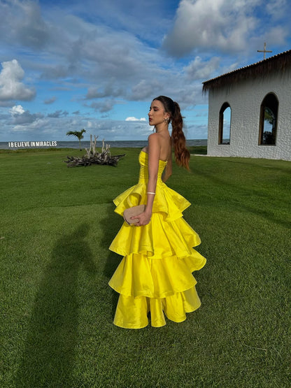 Elegant Yellow A-line Strapless Multi-layered Ruffled Satin Long Prom Dress Evening Dress cc4992