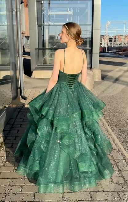 Shimmering Dark Green A-line Halter V-neck Ruffle Sequined Long Prom Dress Evening Dress cc4998
