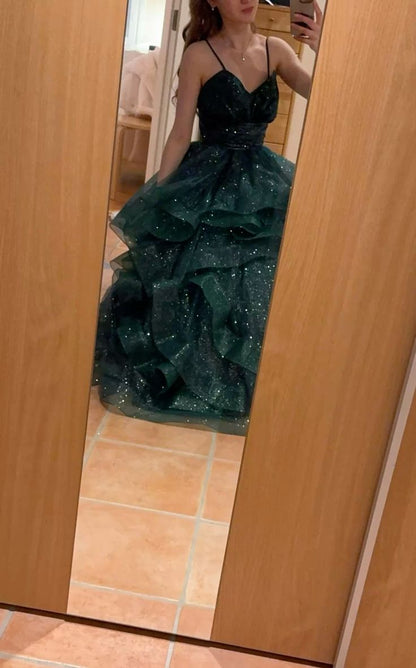 Shimmering Dark Green A-line Halter V-neck Ruffle Sequined Long Prom Dress Evening Dress cc4998