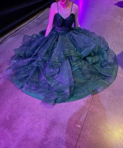 Shimmering Dark Green A-line Halter V-neck Ruffle Sequined Long Prom Dress Evening Dress cc4998