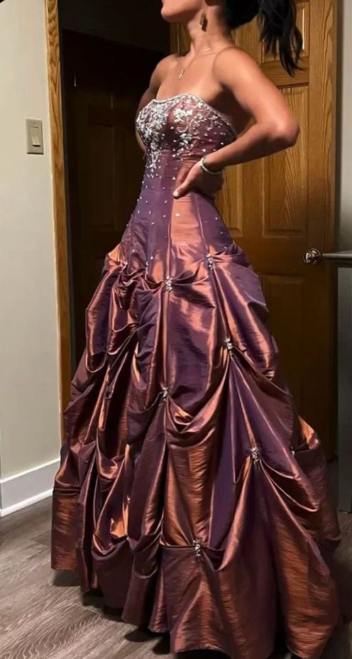 Vintage Copper A-line Strapless Rhinestone Pleated Satin Long Prom Dress Evening Dress cc4999