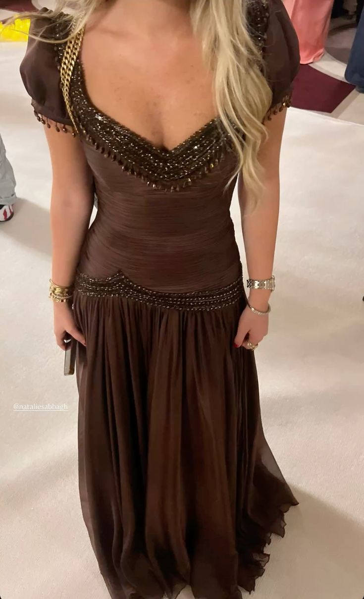 Retro Elegant Dark Brown Fitted V-neck Beaded Chiffon Long Prom Dress Evening Dress cc5003