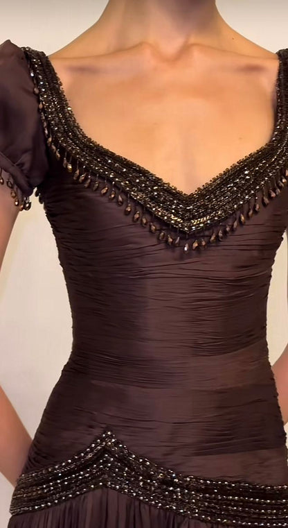 Retro Elegant Dark Brown Fitted V-neck Beaded Chiffon Long Prom Dress Evening Dress cc5003