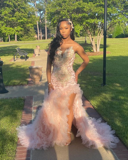 Gorgeous Pink Mermaid Feather High-slit Tulle Train Prom Dress Evening Dress cc5005