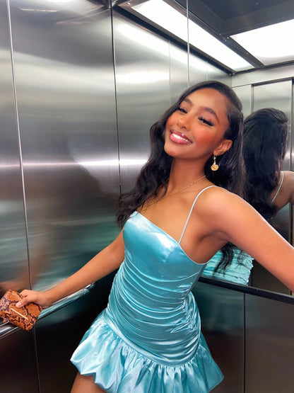 Simple Sky Blue Suspender Square Neck Pleated Bud Satin 16th Birthday Homecoming Dress cc4305