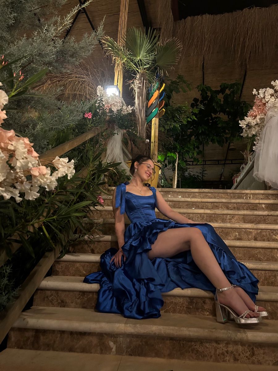 Elegant Royal Blue A-line Bow Strap Square Neck Ruffle High Slit Satin Prom Dress Evening Dress cc5009
