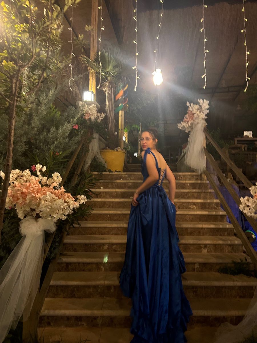Elegant Royal Blue A-line Bow Strap Square Neck Ruffle High Slit Satin Prom Dress Evening Dress cc5009
