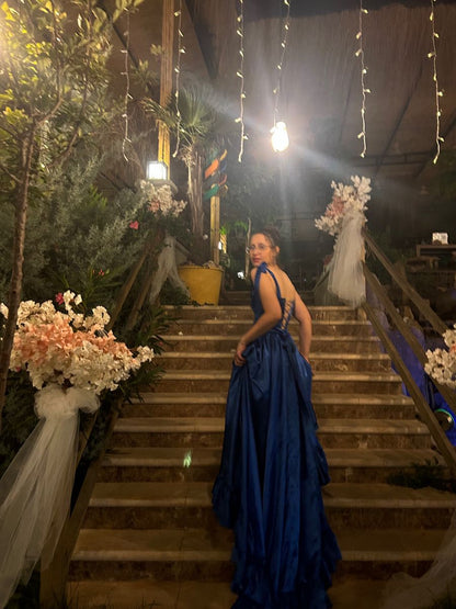 Elegant Royal Blue A-line Bow Strap Square Neck Ruffle High Slit Satin Prom Dress Evening Dress cc5009