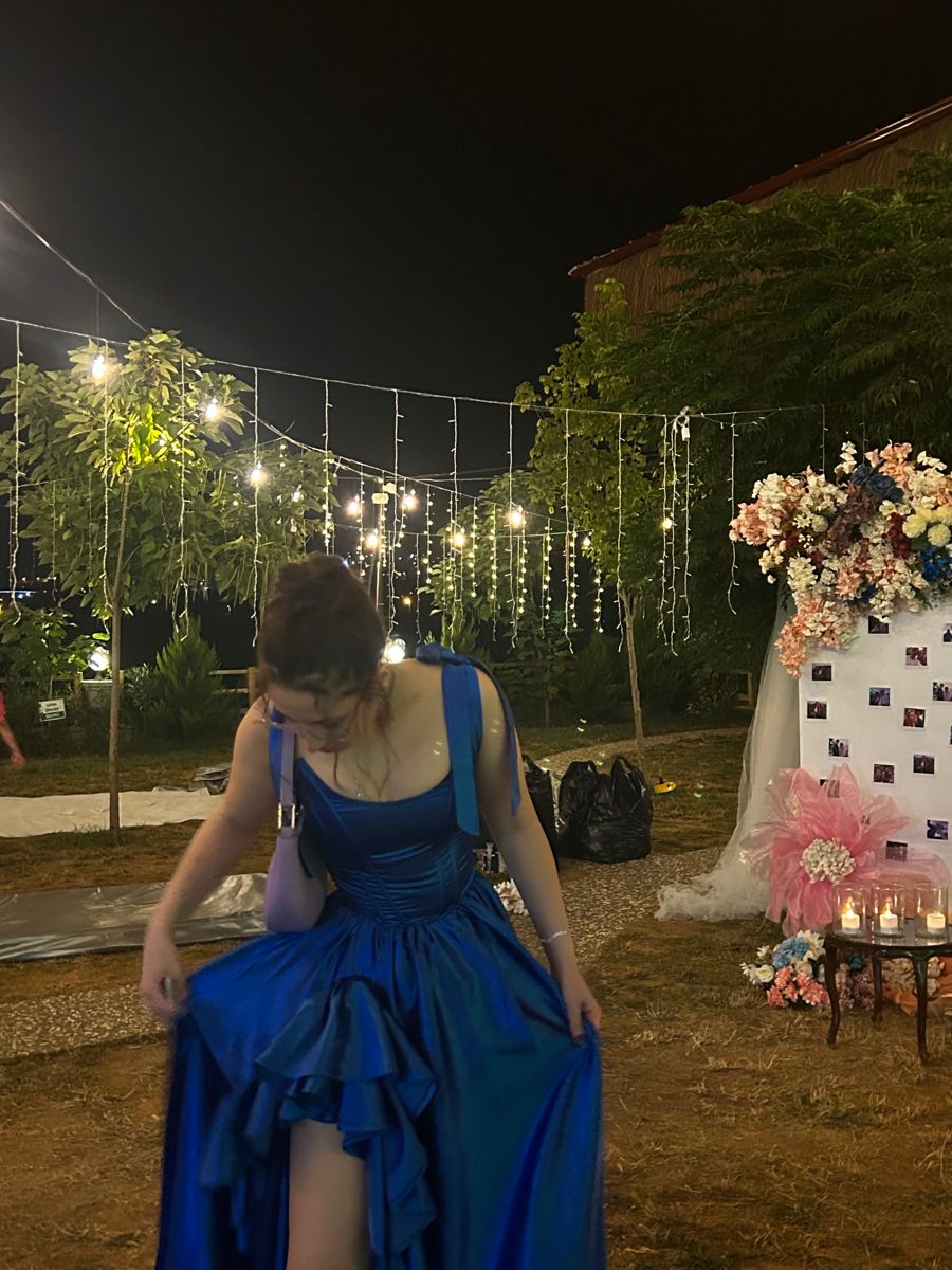 Elegant Royal Blue A-line Bow Strap Square Neck Ruffle High Slit Satin Prom Dress Evening Dress cc5009