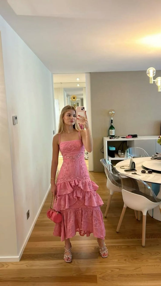 Sweet Pink A-line Thin Strap Square Neck Pattern Ruffle Lace Ankle-length Prom Dress Evening Dress cc4731