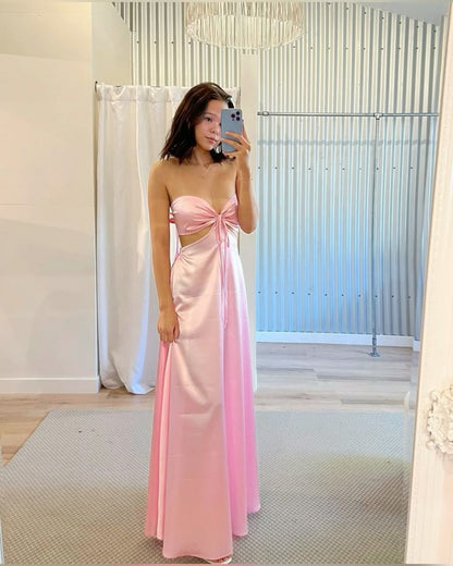Simple Pink A-line Strapless Cutout Satin Long Prom Dress Evening Dress Bridesmaid Dress cc5010