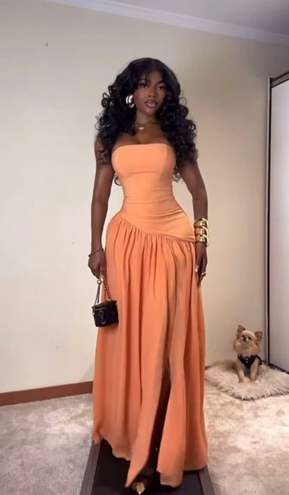 Simple Orange A-line Strapless Chiffon Long Prom Dress Evening Dress cc5014