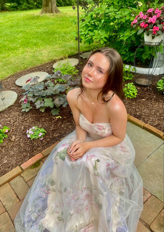 Fresh Floral Print Strapless A-line Tulle Long Prom Dress Evening Dress Bridesmaid Dress cc5016