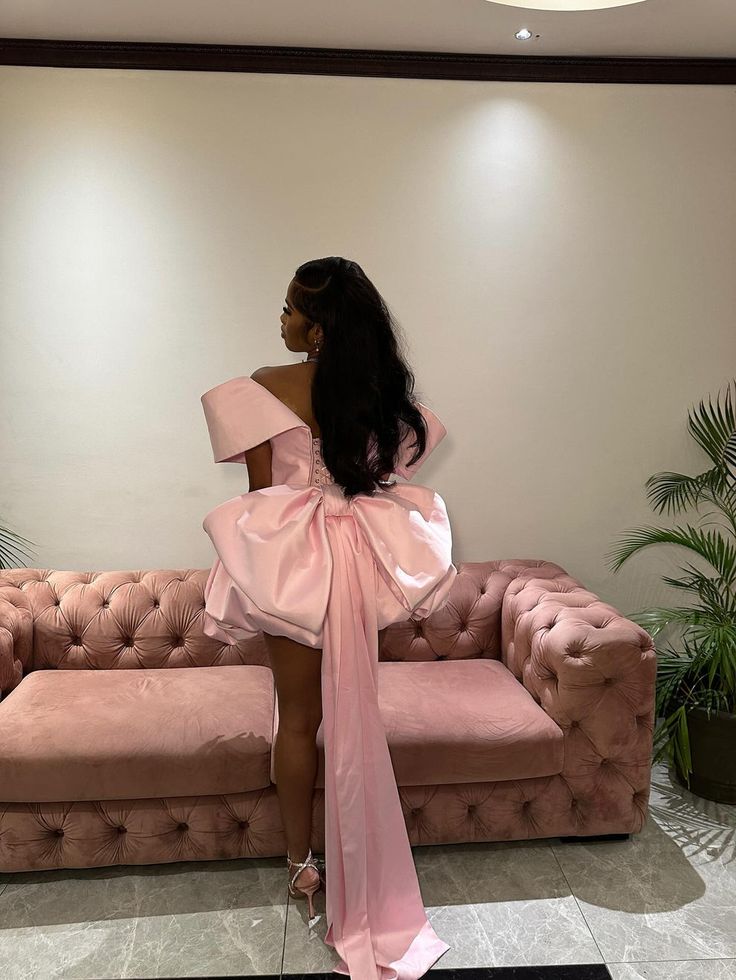 Palace Pink One-shoulder Bow Bud Large Skirt Long Tail Satin 16th Birthday Homecoming Dress cc4317