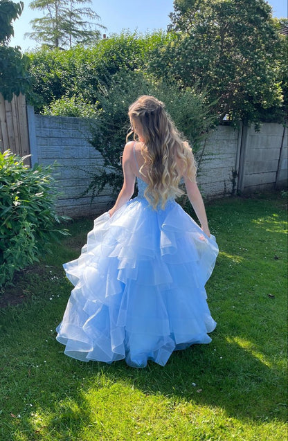 Sweet Light Blue A-line V neck Layered Tulle Long Prom Dress Evening Dress cc5019