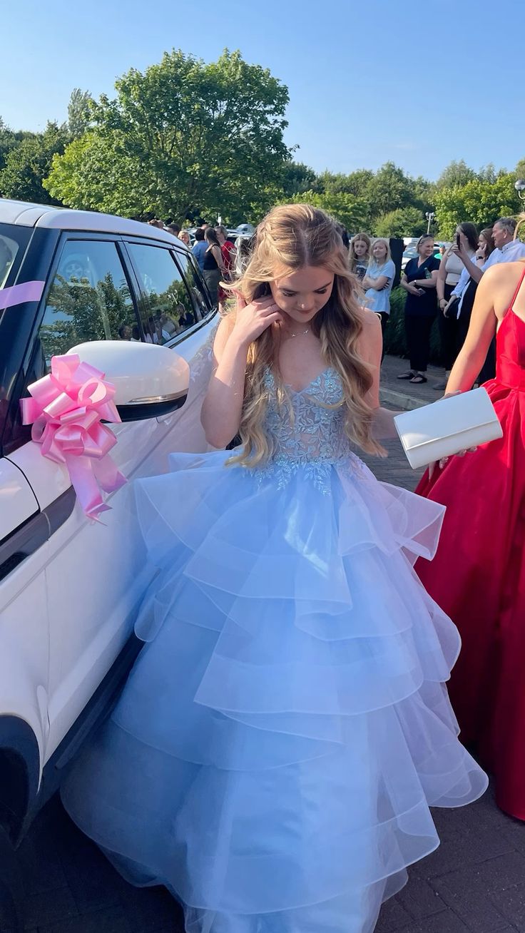 Sweet Light Blue A-line V neck Layered Tulle Long Prom Dress Evening Dress cc5019