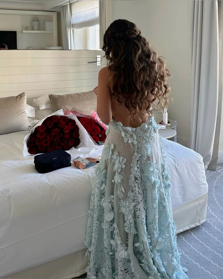 Sexy Light Blue Slim-fitting Halter Neck 3D Flower Backless Lace Long Prom Dress Evening Dress cc4732