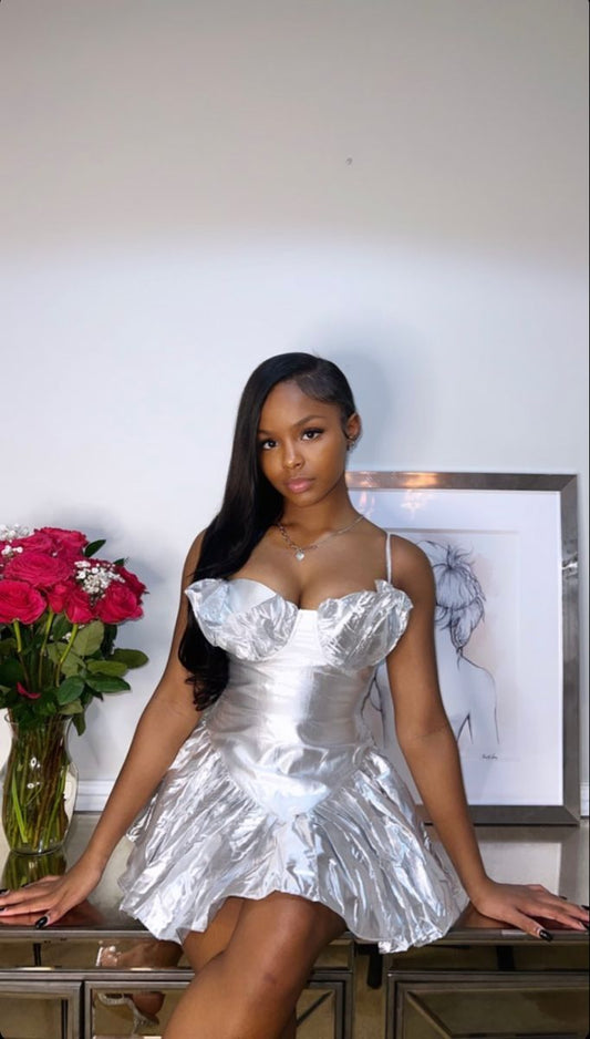 Glossy Silver Tube Top Puffy Suspenders 17th Birthday Homecoming Dress cc4032