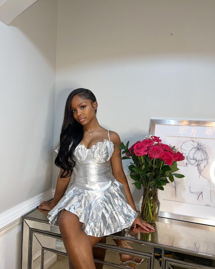 Glossy Silver Tube Top Puffy Suspenders 17th Birthday Homecoming Dress cc4032