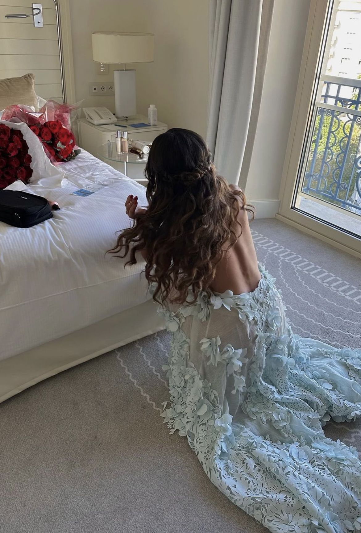 Sexy Light Blue Slim-fitting Halter Neck 3D Flower Backless Lace Long Prom Dress Evening Dress cc4732