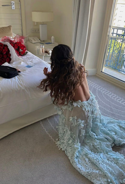Sexy Light Blue Slim-fitting Halter Neck 3D Flower Backless Lace Long Prom Dress Evening Dress cc4732