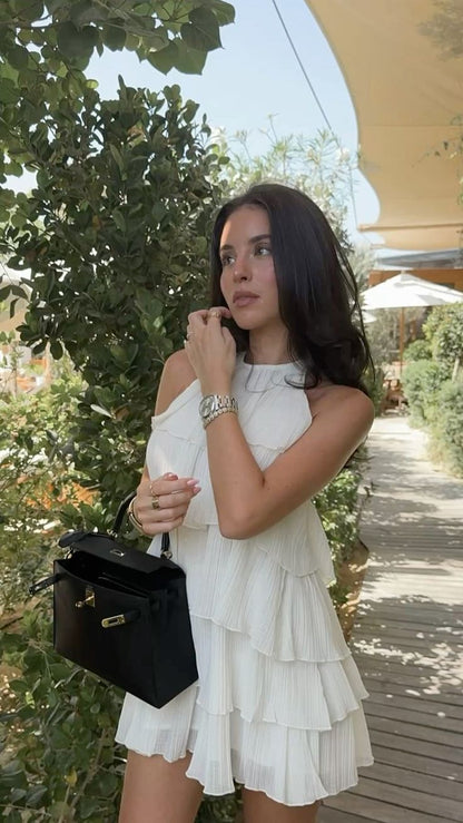 Elegant White High Collar Halter Neck Open Back Multi-layered Ruffle Skirt Chiffon 17th Birthday Homecoming Dress cc4320