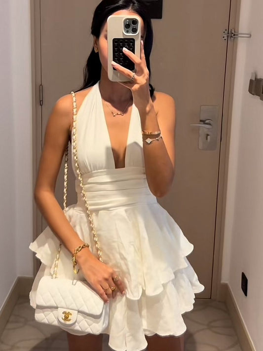 Elegant White Deep V Halter Neck Ruffled A-line 17th Birthday Homecoming Dress cc4321
