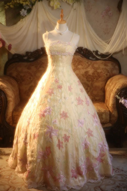 Vintage Yellow A-line Spaghetti Strap Beaded Floral Satin Long Prom Dress Evening Dress cc5024