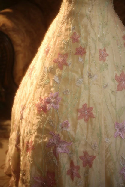 Vintage Yellow A-line Spaghetti Strap Beaded Floral Satin Long Prom Dress Evening Dress cc5024