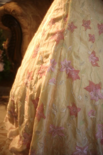 Vintage Yellow A-line Spaghetti Strap Beaded Floral Satin Long Prom Dress Evening Dress cc5024