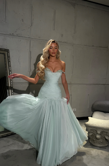 Elegant Mint Green A-line Off-shoulder Chiffon Long Prom Dress Evening Dress Bridesmaid Dress cc5026
