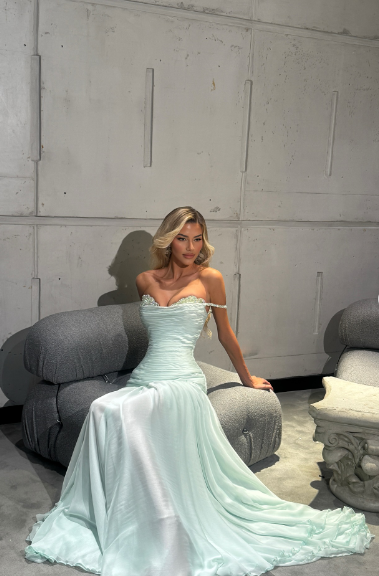 Elegant Mint Green A-line Off-shoulder Chiffon Long Prom Dress Evening Dress Bridesmaid Dress cc5026