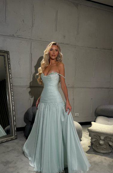 Elegant Mint Green A-line Off-shoulder Chiffon Long Prom Dress Evening Dress Bridesmaid Dress cc5026