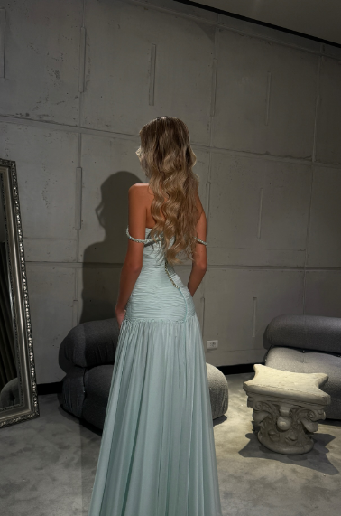 Elegant Mint Green A-line Off-shoulder Chiffon Long Prom Dress Evening Dress Bridesmaid Dress cc5026