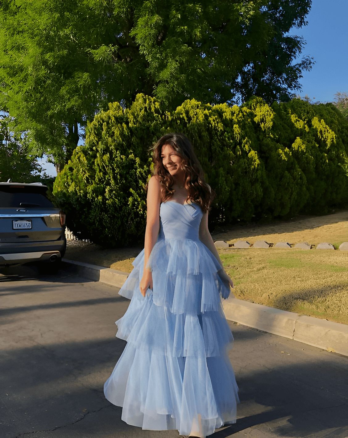 Elegant Blue A-line Strapless Layered Tulle Long Prom Dress Evening Dress Bridesmaid Dress cc5027