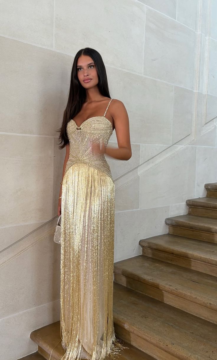 Gorgeous Gold Fitted Spaghetti Strap Sequined Tassel Long Prom Dress Evening Dress cc5032