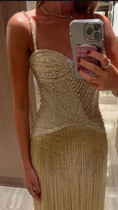 Gorgeous Gold Fitted Spaghetti Strap Sequined Tassel Long Prom Dress Evening Dress cc5032