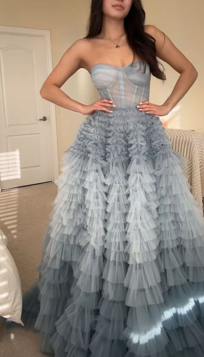 Dreamy Gray-blue A-line Strapless Layered Tulle Long Prom Dress Evening Dress cc5033