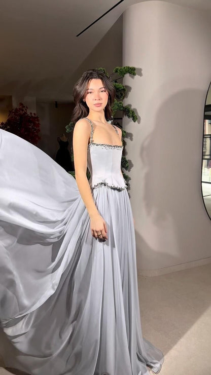 Elegant Light Gray A-line Square Neck Chiffon Train Prom Dress Evening Dress Bridesmaid Dress cc5034