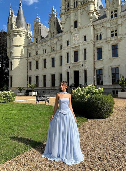 Elegant Blue A-line Strapless Chiffon Long Prom Dress Evening Dress cc5036