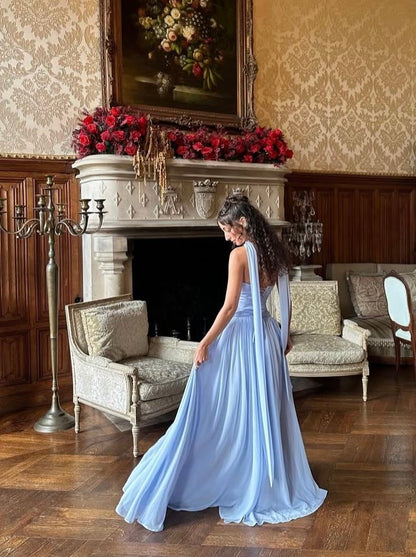 Elegant Blue A-line Strapless Chiffon Long Prom Dress Evening Dress cc5036