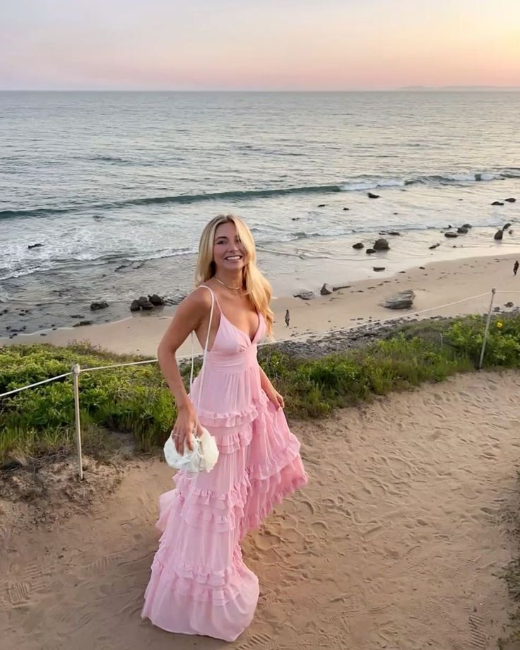 Fresh Light Pink A-line Multi-layered Cake Deep V Sling Ruffle Chiffon Long Prom Dress Evening Dress cc4734