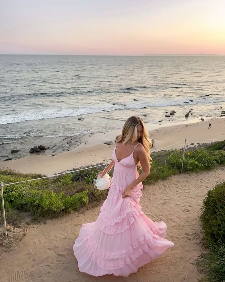 Fresh Light Pink A-line Multi-layered Cake Deep V Sling Ruffle Chiffon Long Prom Dress Evening Dress cc4734