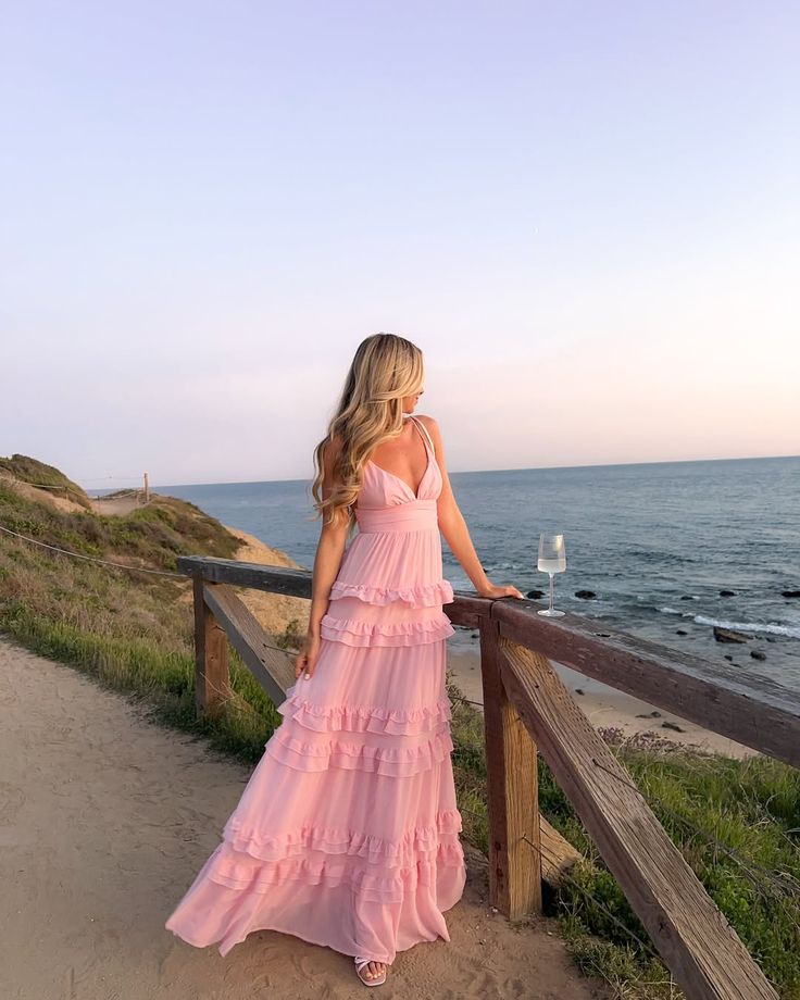 Fresh Light Pink A-line Multi-layered Cake Deep V Sling Ruffle Chiffon Long Prom Dress Evening Dress cc4734