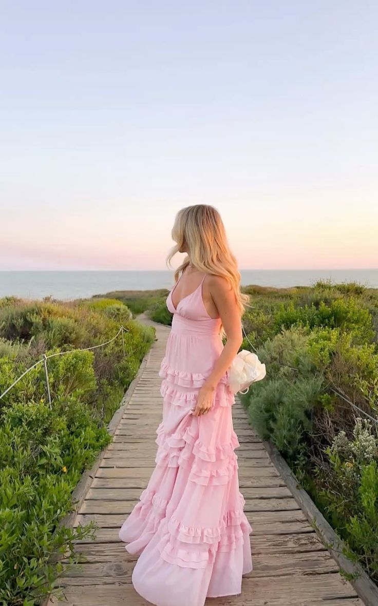 Fresh Light Pink A-line Multi-layered Cake Deep V Sling Ruffle Chiffon Long Prom Dress Evening Dress cc4734