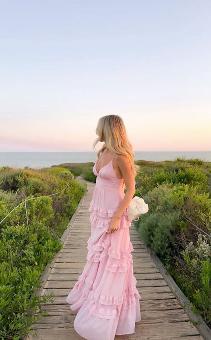 Fresh Light Pink A-line Multi-layered Cake Deep V Sling Ruffle Chiffon Long Prom Dress Evening Dress cc4734